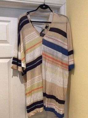 Oversized Linen Striped V-Neck Tunic in Beige, Blue & Orange
